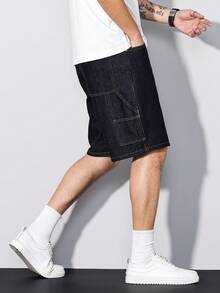 Manfinity Homme Men's Summer Navy Blue Casual Wide Leg Denim Shorts - Dark Wash - View 5