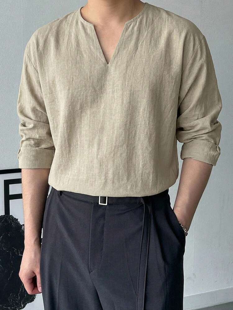 Men's Casual Everyday Commute Minimalist Solid Color Notched Neck Long Sleeve T-Shirt, Suitable For Spring And Autumn