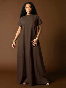 Vixey Cuffed Drop Shoulder Sleeve Deep Open V Neck Back Maxi Denim Dress - Brown - View 4