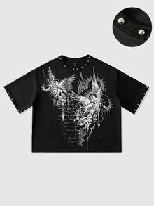 ROMWE MEN Street Life Men's Studded Graphic Print Short Sleeve T-Shirt Spring/Summer - Black - View 1