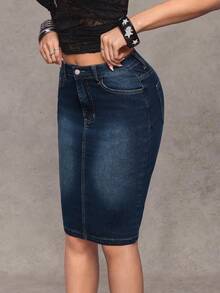 EMERY ROSE Women's Fitted Denim Skirt With Belt Loop, Fashionable Summer - Dark Wash - View 3