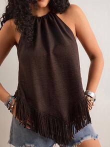 Freevana Plus Size Women's Casual Western Cowgirl Style Vacation Solid Color Fringe Hem Halter Top, Summer Tops - Coffee Brown - View 5