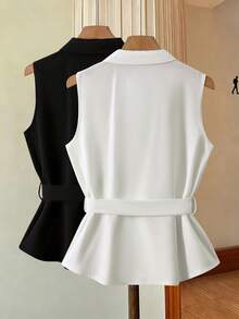 Franclia Women's Spring/Summer Rhinestone Buckle Tie-Waist Sleeveless Blouse - White - View 2