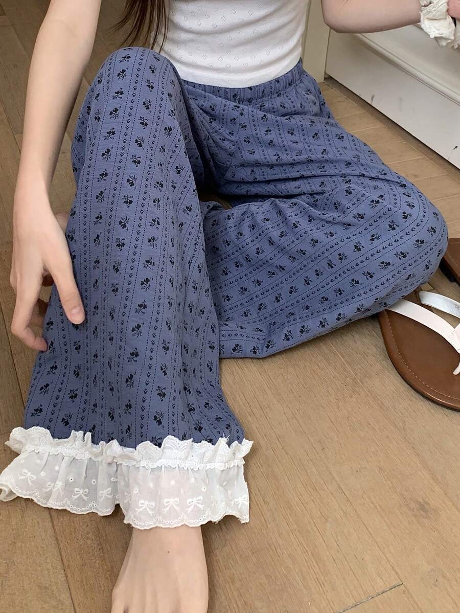 DAZY Lace Patchwork Floral Pattern Loose Straight Pajama Pants, Spring & Summer Women Sleepwear Bottom - Navy Blue - View 1