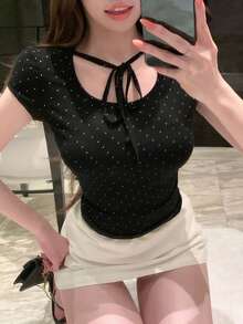 DAZY 女士夏季圆领波点抽绳短袖休闲T恤 - 黑色 - 查看 1