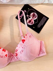 1pc Sweet Pink Contrast Lace Women's Bra - Pink - View 3