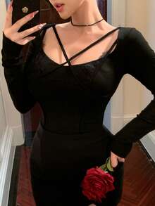 DAZY Romantic Lace Trim Sweet T-Shirt, Layering Piece - Black - View 6