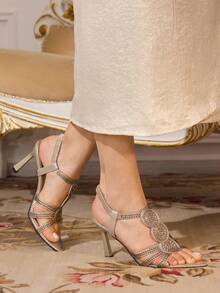 CUCCOO TILAWA Women's High Heel Sandals, Spring/Summer Fashion New Round Embroidered Fabric Gold Rhinestone Luxurious Elegant Pointed Toe Stiletto Heel Sandals - Gold - View 4