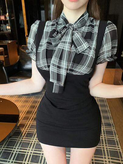 FRIFUL 女士高领蝴蝶结装饰格子印花无袖迷你连衣裙