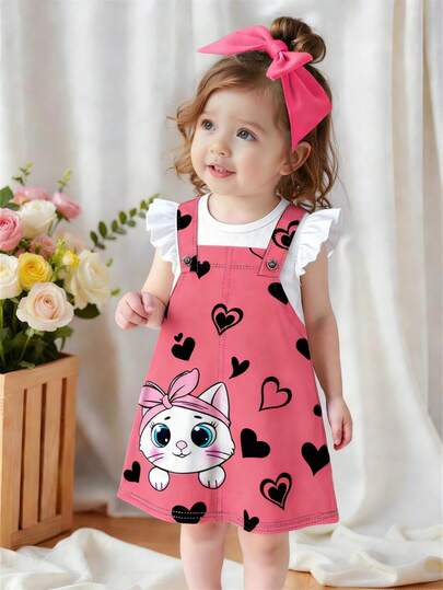 Vestido de línea A con mangas abullonadas, estilo elegante y princesa para niña, adecuado para fiestas y reuniones, diseño de parche con tirantes falsos y estampado de corazón rosa con gato, ligero y cómodo para primavera/verano, ideal para salidas casuales, estilo callejero, vuelta al colegio, picnics al aire libre, fotografía, festivales y regalos