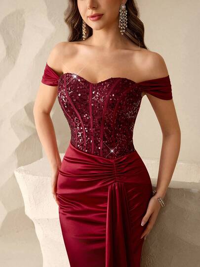 Coutiva Đầm dạ hội nữ thanh lịch đính sequin, kiểu dáng trễ vai, vạt đuôi cá, thích hợp cho mùa hè.