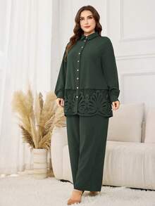 Lacomfia Plus Size Simple Casual Solid Color Long Sleeve Shirt With Ruffle Hem Decor & Elastic Waist Wide Leg Pants 2 Pieces Set, Spring/Autumn Fall - Green - View 5
