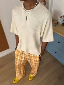 STEELVANCE Men's Casual Letter Embroidery Short Sleeve Ribbed Knit Top, Summer - Beige - View 2