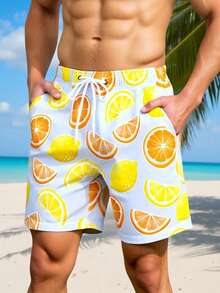 Manfinity Swimmode Men's Fruit Print Drawstring Waist Pocket Beach Shorts - Multicolor - View 5