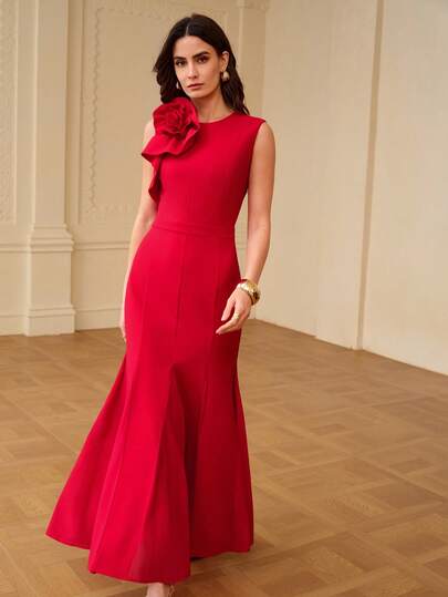 ZEYLAH Elegante vestido de cola de sirena con ajuste de cintura y diseño floral 3D, para primavera/verano