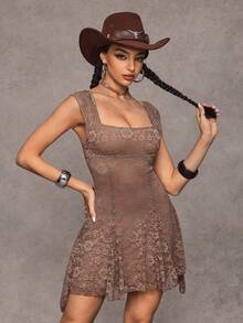 SHEIN Jeanoir Women's Summer Contrast Lace Square Collar Waist Cinched Dress - Brown - View 6