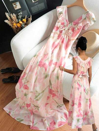 GlowEve Women's Floral Print Patchwork Ruffle V-Neck Sleeveless Midi Dress, Vacation