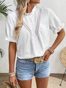 SHEIN LUNE Women's White Lace Patchwork Frill Trim Short Sleeve Blouse, Spring/Summer - White - View 4