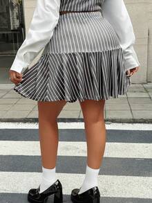 Maweii Women's Striped Pleated Skirt Set,White Autumn Casual Everyday Back-To-School 2 Piece Sets,Elegant Plus Size Shirt And Skirt Set,Commuter Daily Wear - Grey - View 4