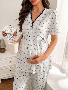 Moonlight&Mama 花卉蝴蝶结印花女士睡衣套装，短袖V领蕾丝边，柔软舒适，孕妇睡衣两件套 - 白色 - 查看 1