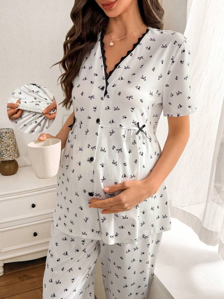 Moonlight&Mama 花卉蝴蝶结印花女士睡衣套装，短袖V领蕾丝边，柔软舒适，孕妇睡衣两件套 - 白色 - 查看 1