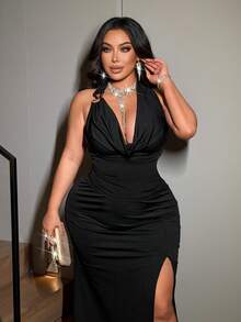 NU&NOW Plus Size Women's Summer Black Elegant Formal Evening 2 Pieces Set Shiny Backless Deep V-Neck Sleeveless Crop Top,Slit Asymmetric Hem Maxi Skirt Gown - Black - View 2