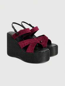Sugerpunk Damen Sandalen mit dicker Sohle, offene Zehenplattform Keilabsätze, Modeschuhe - Bordeaux - Übersicht 5