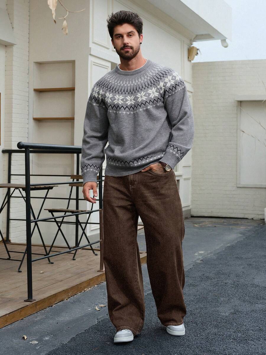 DAZY Men's Autumn Navy Blue Raw Denim Wide Leg Jeans With Patch Design - Brown - View 1