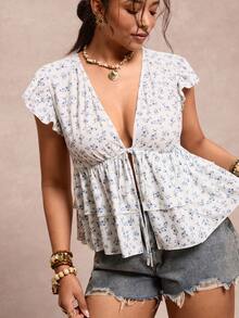 Plus Size Ditsy Floral Ruffle Sleeve Tie Front Summer Fashion T-Shirt - White - View 6