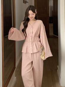 DAZY Sweet Polka Dot Allover Print Chiffon Fabric Lace Trim Women Pajama Set - Pink - View 12