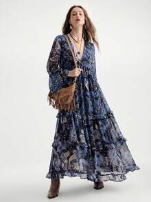 Aveloria Modichic Bohemian Style Chiffon Flowy Dress, Frill Trim, Loose Fit Deep V-Neck Long Sleeve - Multicolor - View 5