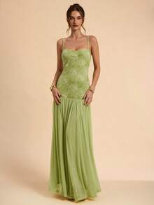 SHEIN BAE Vestido largo sin mangas con parches de malla de jacquard de terciopelo con estampado floral y frutas de primavera y verano, elegante vestido para invitada de boda, vestido verde, vestido elegante, vestido de vacaciones, vestido para fiesta de cumpleaños, vestido para volver al colegio/graduación - Verde - Ver 3