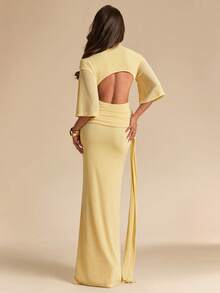 SHEIN BAE 女士黄色短袖高领露肩系带连衣裙，黄色连衣裙，优雅连衣裙，度假连衣裙，伴娘礼服，生日派对礼服，返校/毕业礼服 - 黃色 - 查看 2