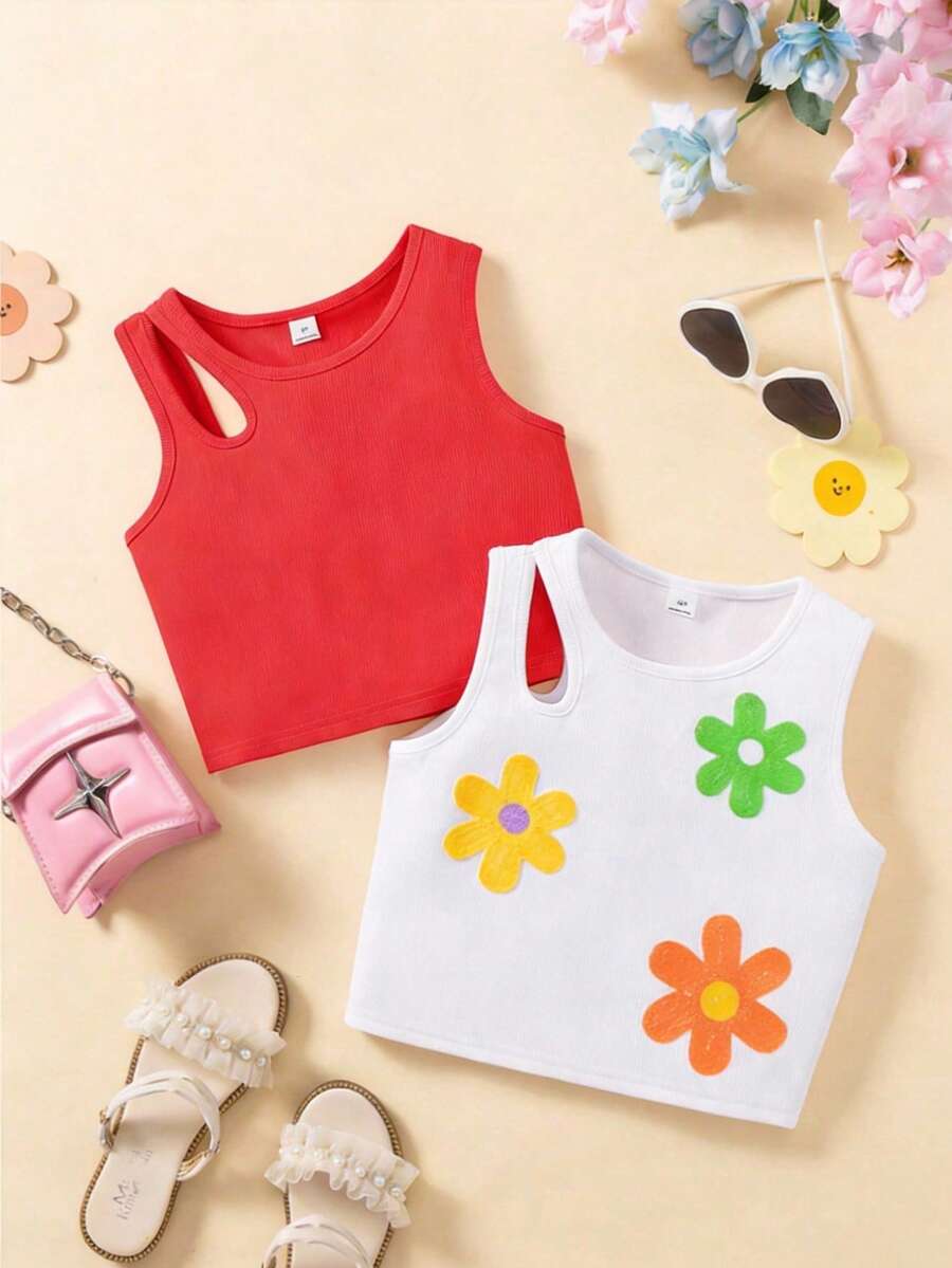 2件套女孩度假活力3D毛巾刺绣镂空修身露脐背心，白色和紫红色 - 紅白色 - 查看 1