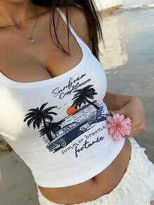 Sundraya Women's Tropical Print Camisole Top, Casual Holiday Wear - White - View 1