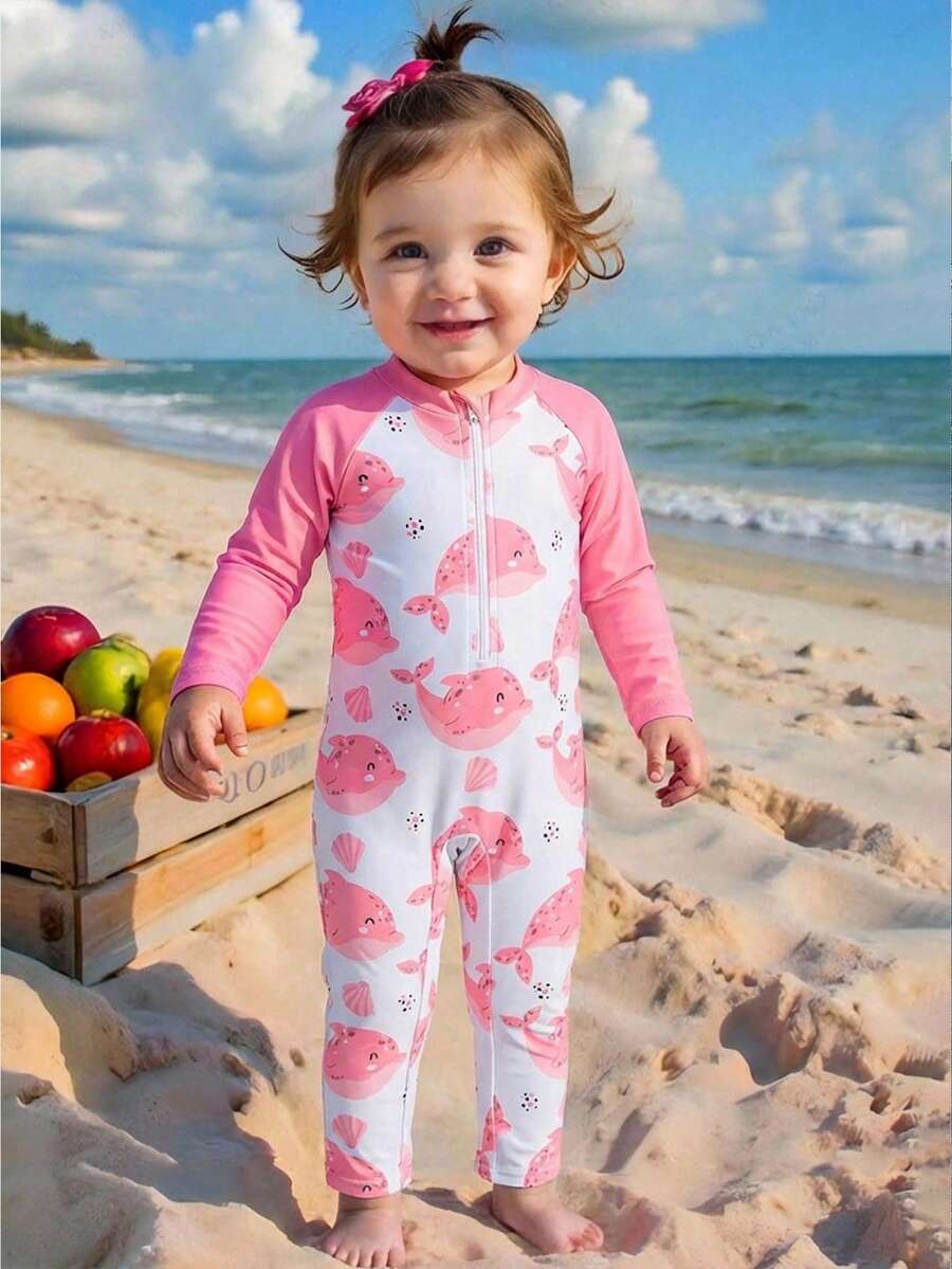 Traje de baño de una pieza de manga larga con estampado de ballena lindo para niñas, color morado, adecuado para verano y vacaciones - Rosa - Ver 1