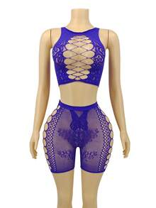 Women's Sexy Lingerie Jumpsuit Purple Set, Mesh Lace Sheer 2 Pieces Outfit - Purple - View 6