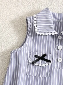 Đầm không tay cổ sọc xanh dương có túi và nơ cho bé gái, kiểu dáng chữ A thường ngày. - Màu xanh lam - Xem 6
