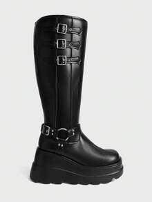 Sugerpunk Women's Fashion Thick Sole Buckle Knee-High Boots - Black - View 1