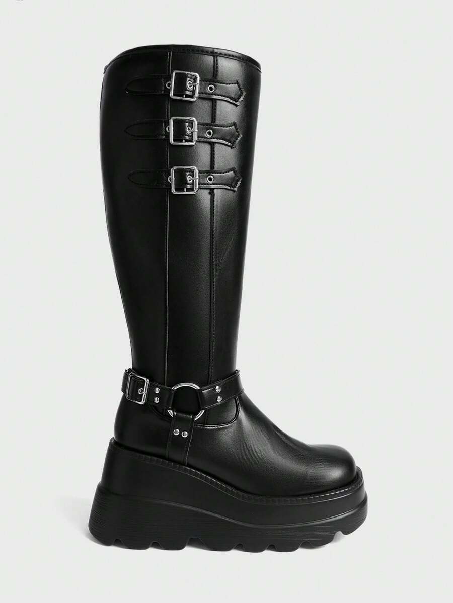 Sugerpunk Women's Fashion Thick Sole Buckle Knee-High Boots - Black - View 1