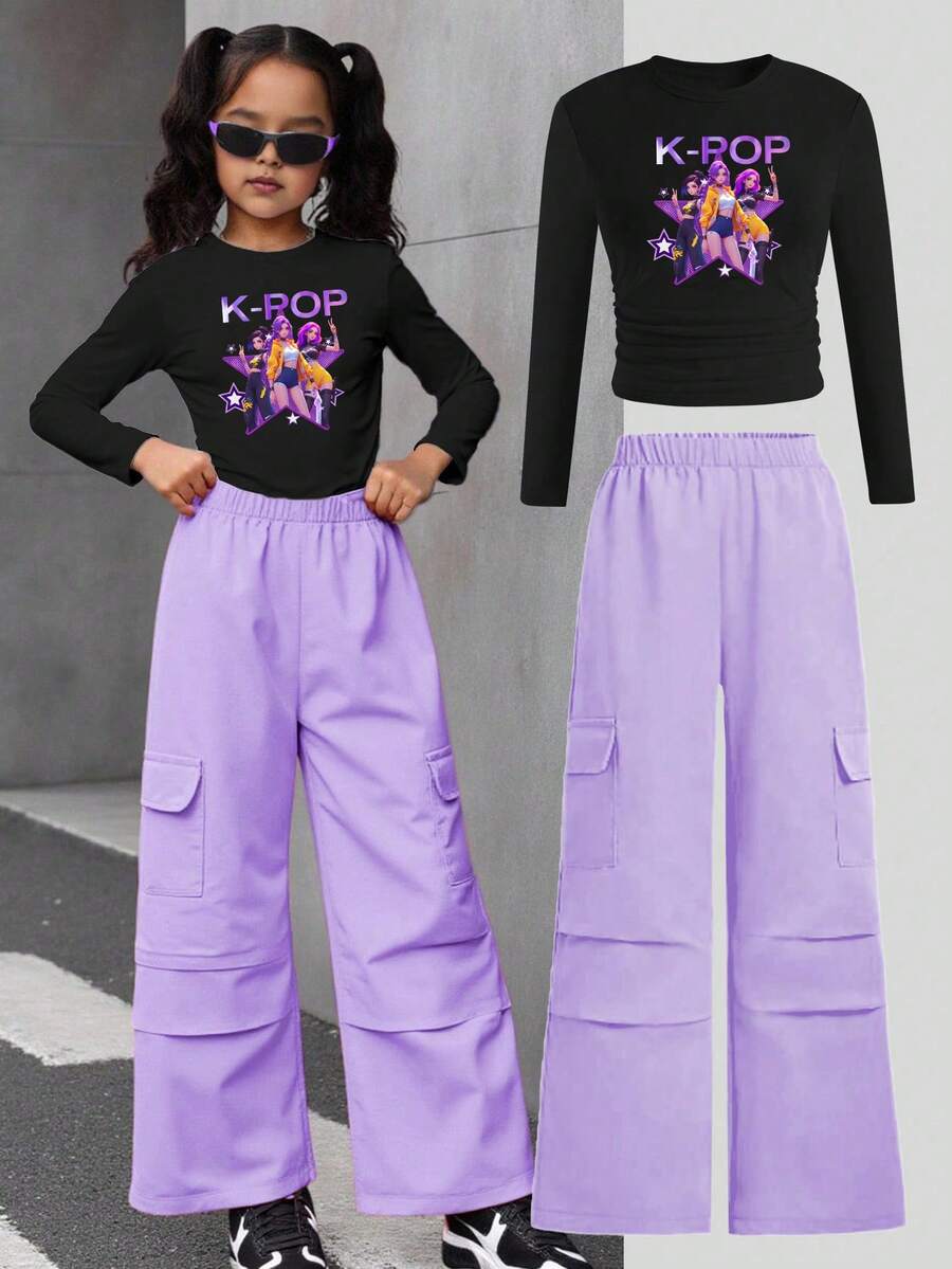 SHEIN ChillGRL Bộ 2 món: Áo in hình nhóm nhạc nữ thần tượng + Quần cargo màu tím, Áo dài tay và quần cargo ống đứng cho bé gái tuổi teen, phong cách thời trang đường phố, phù hợp cho mùa xuân/hè. - màu đen - Xem 1