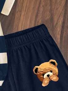 Baby Boy Fashionable & Comfortable Casual Crew Neck Short Sleeve T-Shirt Set, Featuring Cute Bear & Striped Prints, Loose Fit Crew Neck Tee, Suitable For Spring/Summer Wear, Casual Streetwear, Outdoor Picnic, School, Events, Gifts - Multicolor - View 5