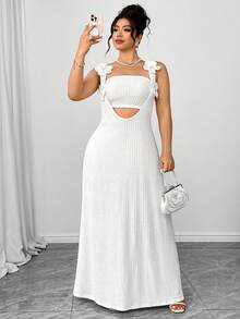 Elenzga Plus Size White Summer Elegant Holiday Party Pleated Textured Knit 3D Floral Maxi Dress & Fitted Cropped Camisole 2 Piece Set For Outing,Vacation - White - View 7