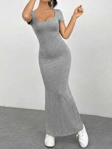 SHEIN EZwear 夏季方领鱼尾修身连衣裙 长款修身连衣裙 紧身长裙 性感长裙 短袖长款连衣裙 灰色女装 针织长款连衣裙 休闲长裙 女装连衣裙 女装连衣裙 灰色连衣裙 高品质连衣裙 - 灰色 - 查看 5