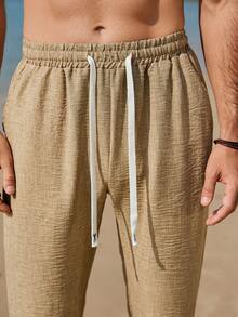 VENTUSAIL Quần dài nam dáng suông, cạp chun, màu trơn, túi xéo, đa năng cho kỳ nghỉ, đi làm hàng ngày, quần đi biển, quần vải lanh nam, quần boho, quần mùa hè. - Màu Khaki - Xem 5