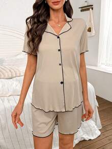 SHEIN 两件套撞色滚边翻领开衫和短裤套装，针织孕妇家居服，卡其色 - 卡其色 - 查看 3