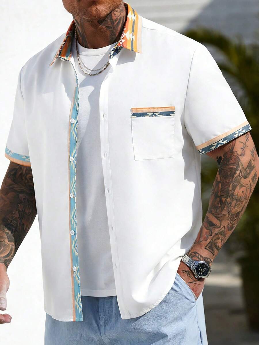 EGENSIO Men's Summer Casual Vacation & Commute Contrast Geo Binding Short Sleeve Shirt - Apricot - View 1