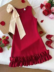 SHEIN Girls' Elegant Detachable Big Bow Decor Sleeveless A-Line Patchwork Pleated Hem Dress, Suitable For Daily, Party, And Formal Occasions, Spring/Summer - Red - View 11