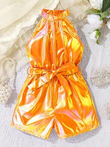 SHEIN Girls' Casual Holographic Laser Jumpsuit, Suitable For Outings And Dates - Multicolor - View 1