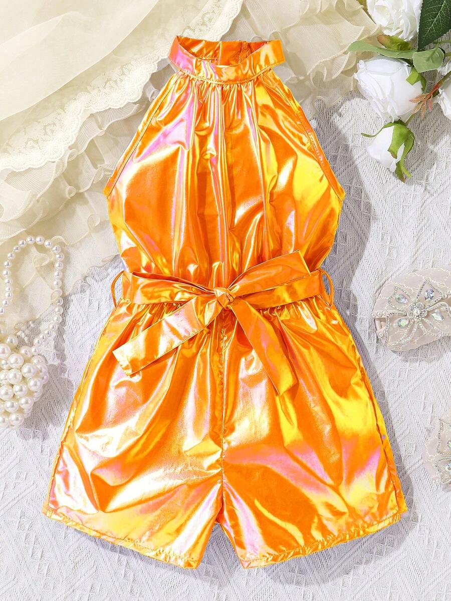 SHEIN Girls' Casual Holographic Laser Jumpsuit, Suitable For Outings And Dates - Multicolor - View 1